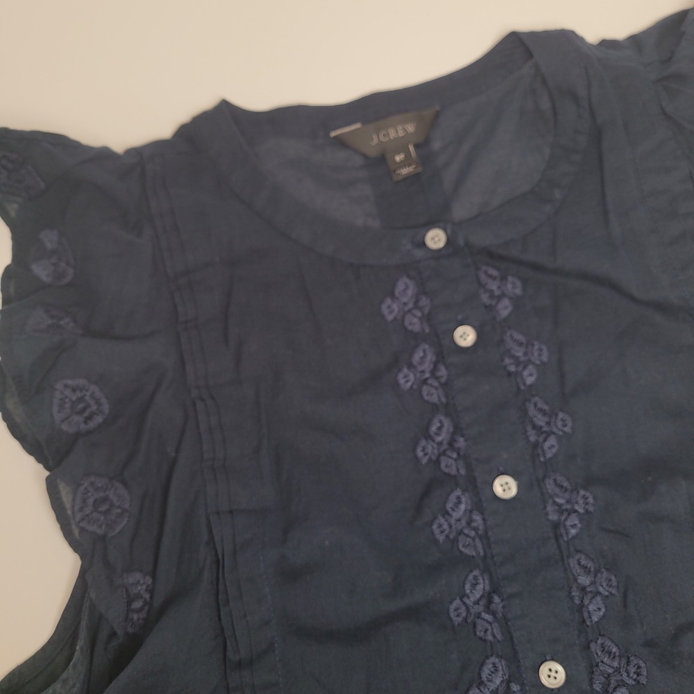 J.Crew Ruffle Sleeve Blouse Womens 8T Navy Blue Excellent Floral Embroidered Top
